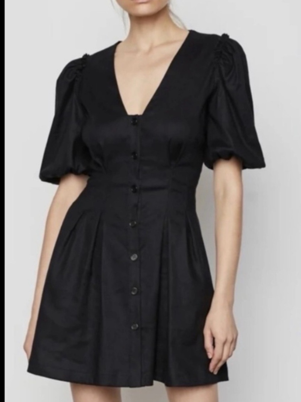 Bailey 44 Olinda Navy Button-Front V-Neck Puff Sleeve Mini Dress linen blend